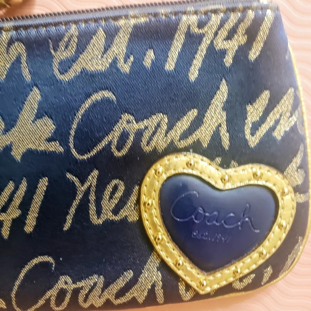 Coach Poppy New York Script Heart Lurex Small Wristlet Navy and Gold